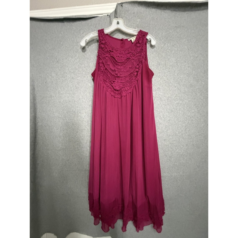 Indigo Thread Co. Dress Womens M Pink Crochet Trapeze Swing Midi Boho Sundress